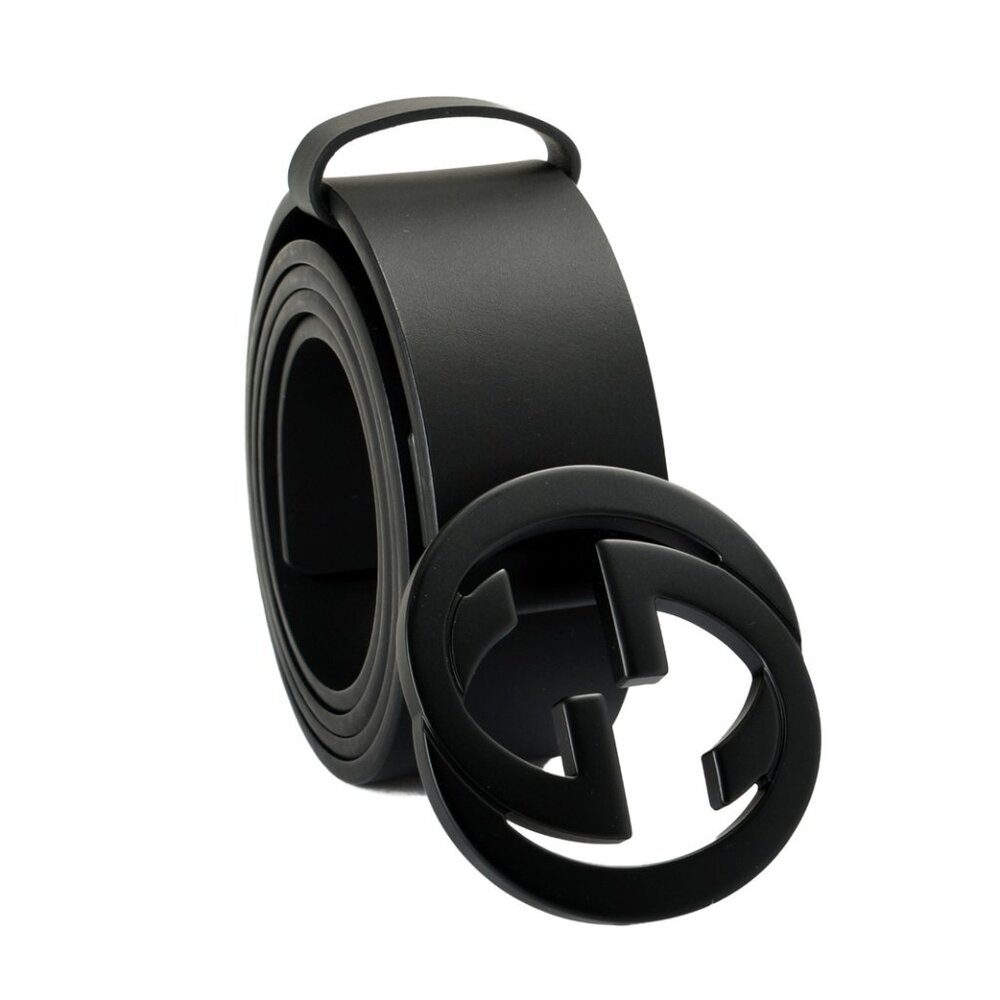 Gucci 100% Black Matte Leather Interlocking G Buckle Decorated Belt US 44 IT 110